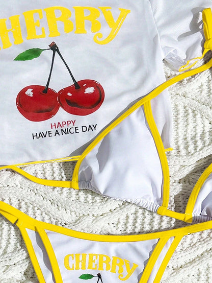Cute Halter Bikini 3 Pieces Cherry Print 2026 Sexy & Fresh Feeling Bathing Suit Three-Piece Swimsuit Dark Blue Beach Swimwear