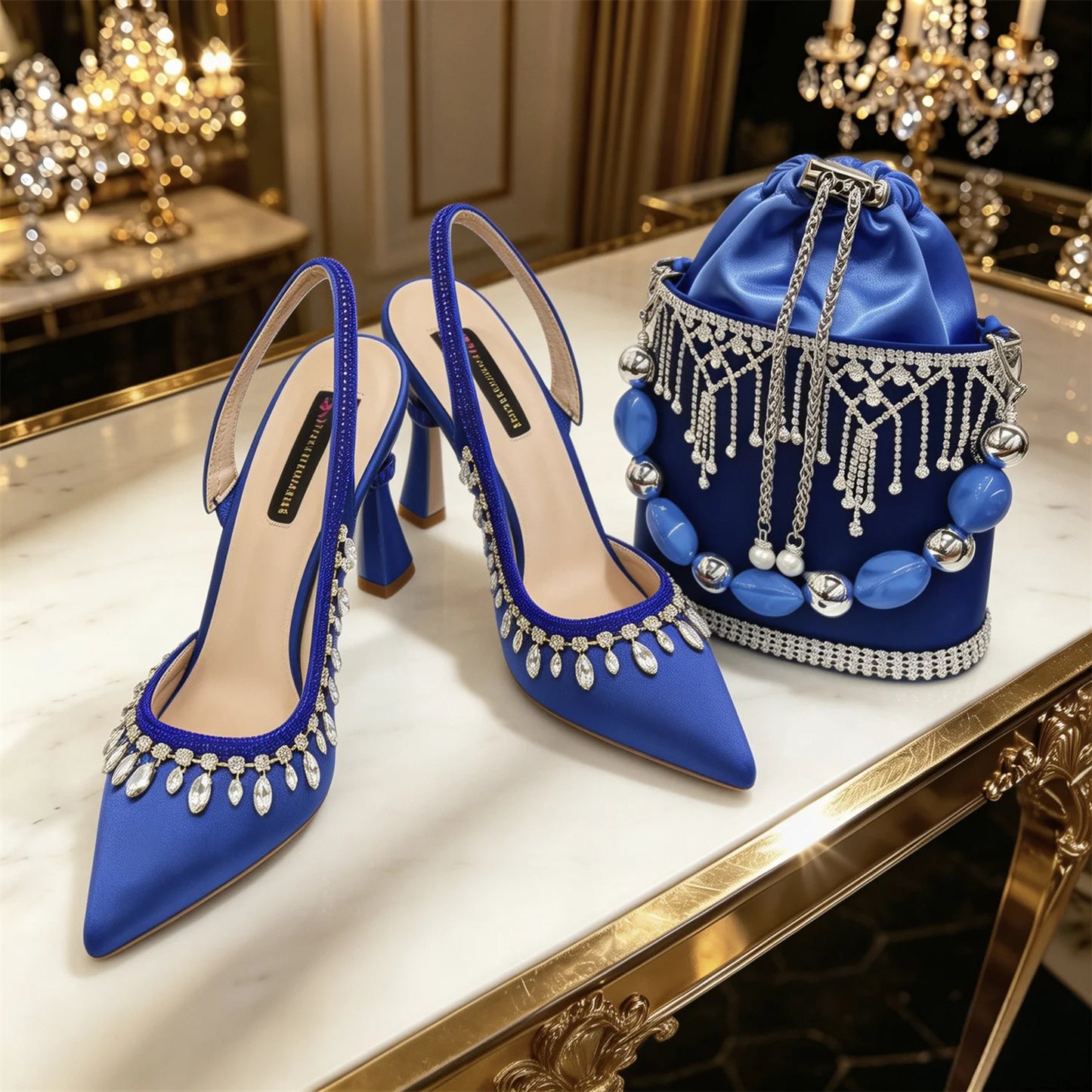 Royal Blue Bridal Shoe & Bag Set Sparkling Rhinestone Pointed Toe High Heels Slingback Pumps for Wedding Guest Prom Party
