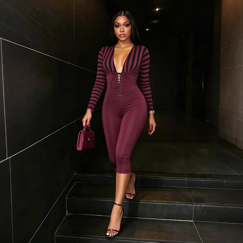 FLARORA Trend Stripe Color Blocking Jumpsuits Woman Deep V Neck Full Sleeve Bandage Skinny Peach Hip Sexy Party Club Overalls