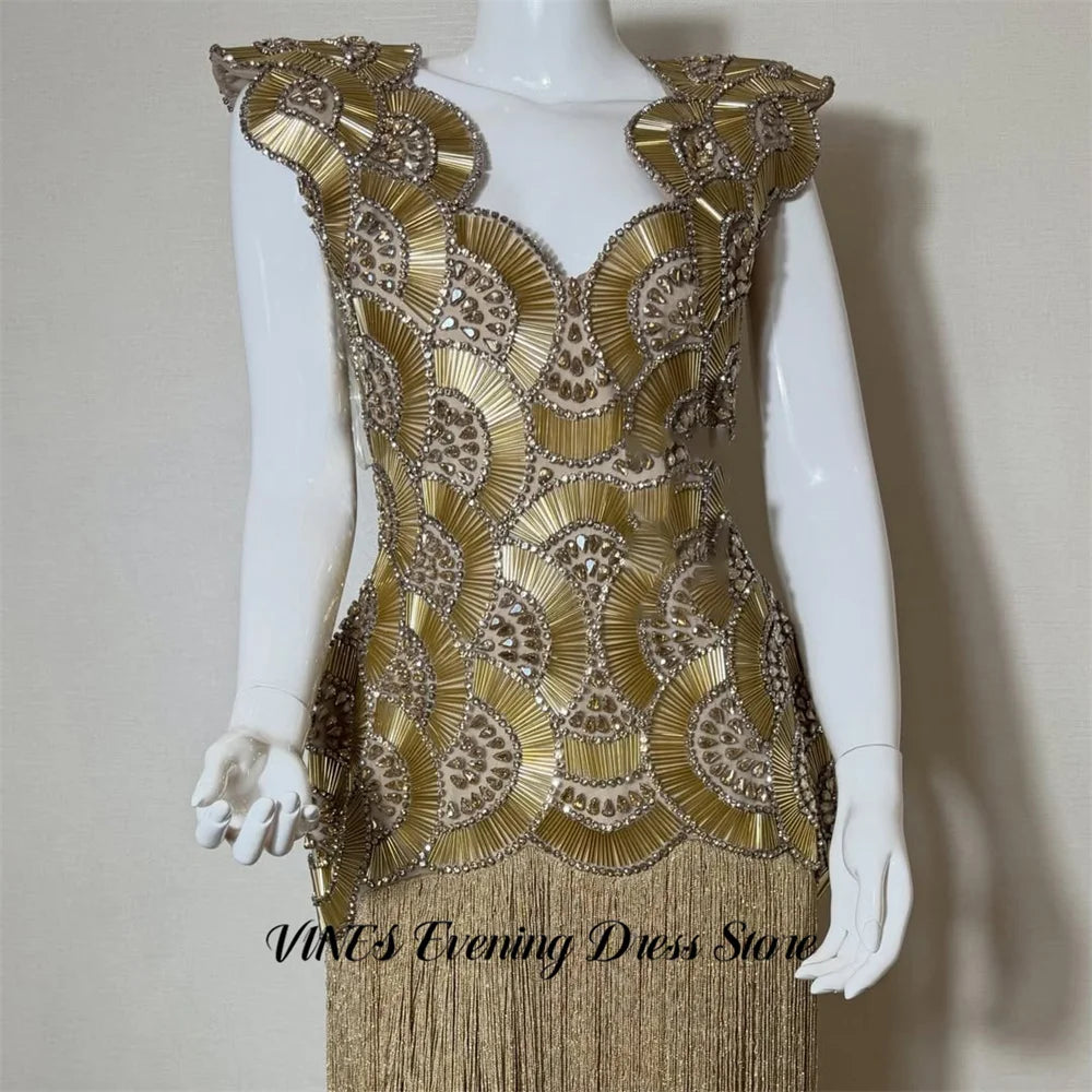 VINES Golden Party Dress Tank Evening Dresses Beading On Chest Party Gown Straight Tassel Prom Gown for Women Simple Customized