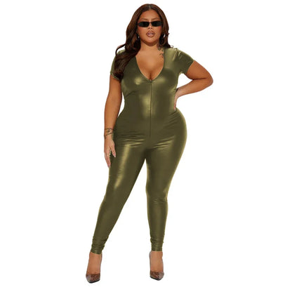 Deep V-neck Women Bodycon Jumpsuits Matte PU Leather Short Sleeve Skinny Zentai Ravely Party Club Stage Performance 8XL