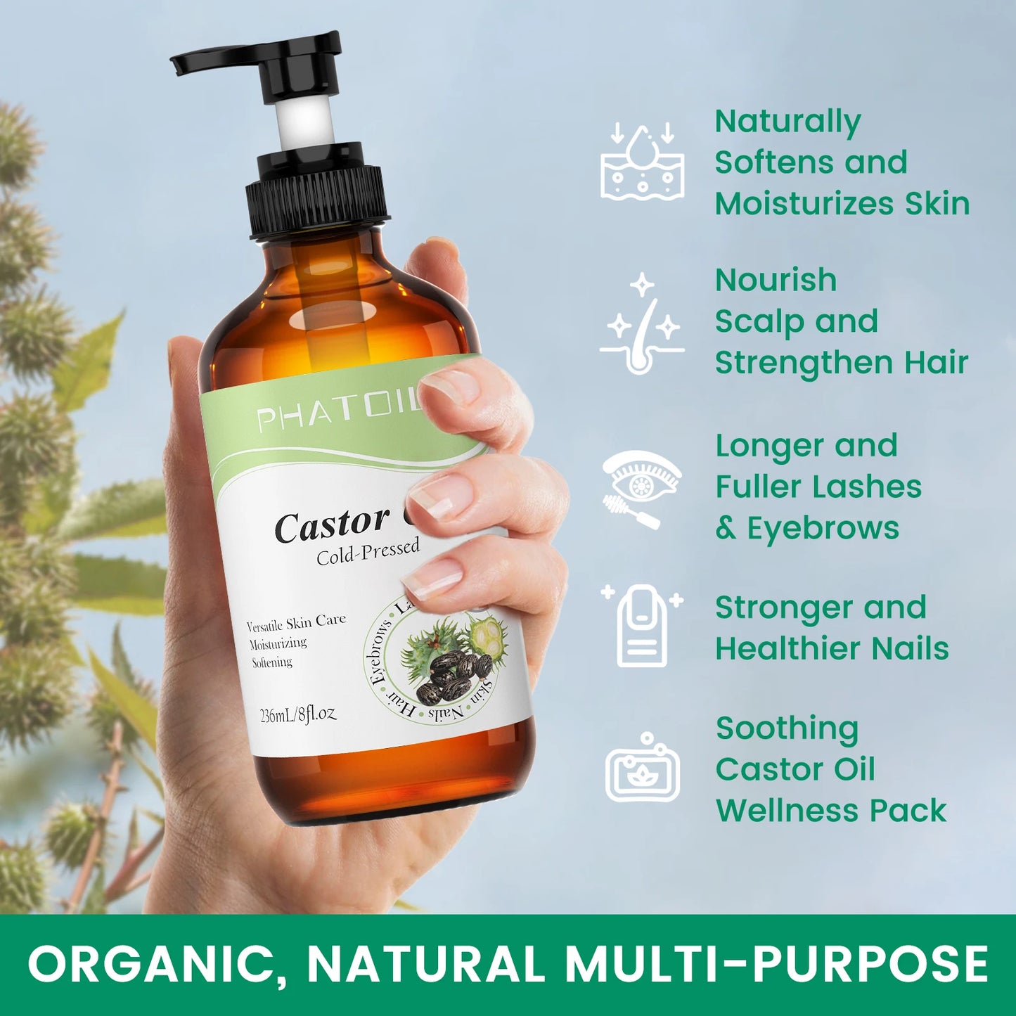 PHATOIL 236ml/118ml Organic Cold-Pressed Castor Oil For Eyelashes & Eyebrows,Hair Growth,Skin & Nails Care-Natural Castor Oils