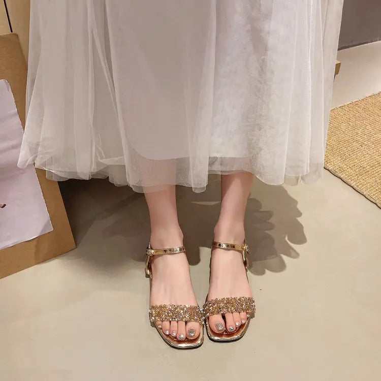 Luxury Crystal Square Toe Sandals Elegant Peep Toe Flat Slides Summer Fashionable Beach Shoes for Women