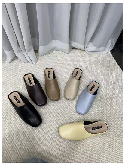 Fashion Square Toe Flat Slippers Women Casual Slip On Mule Luxury Brand Outsides Slides Elegant Pleated Ladies Shoes Sandal Flip