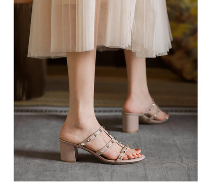 Luxury Women's Shoes Gladiator Shoes Woman 2026 Trend for Women's Sandals Summer Slippers Chunky Heel Leather Rivets High Heels