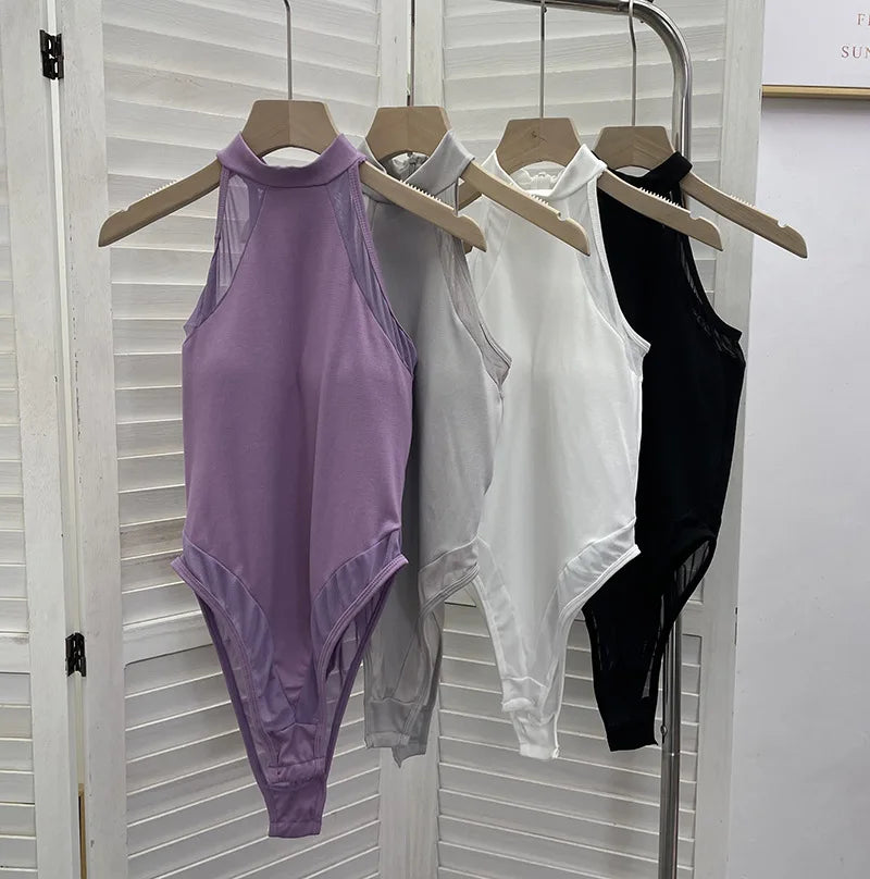 ISAROSE Summer Sexy Bodysuit for Women Stretch Braless Solid Color Back Zipper Sleeveless Basic Design Slim Halter Jumpsuit