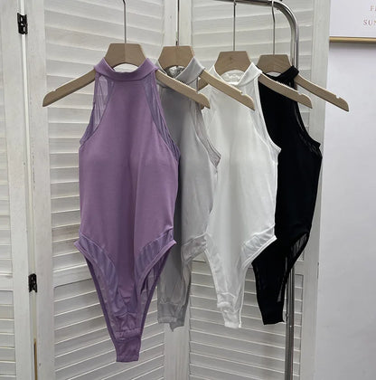 ISAROSE Summer Sexy Bodysuit for Women Stretch Braless Solid Color Back Zipper Sleeveless Basic Design Slim Halter Jumpsuit