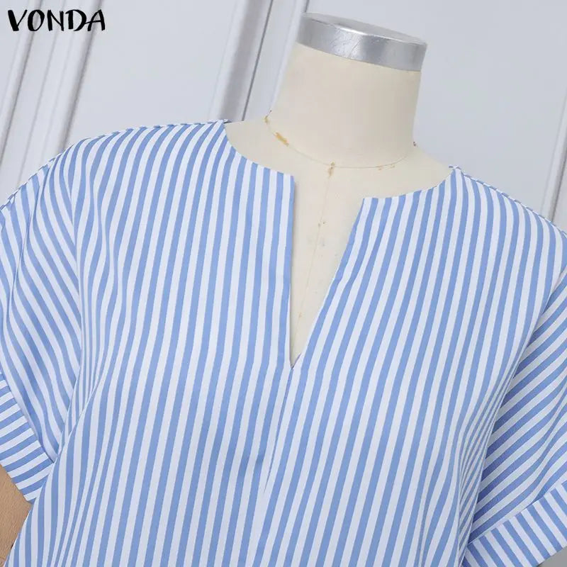 Plus Size VONDA Women Jumpsuits Summer Fashion Short Sleeve Stripe Jumpsuits Wide Leg Pants V Neck OL Party Overalls Playsuits