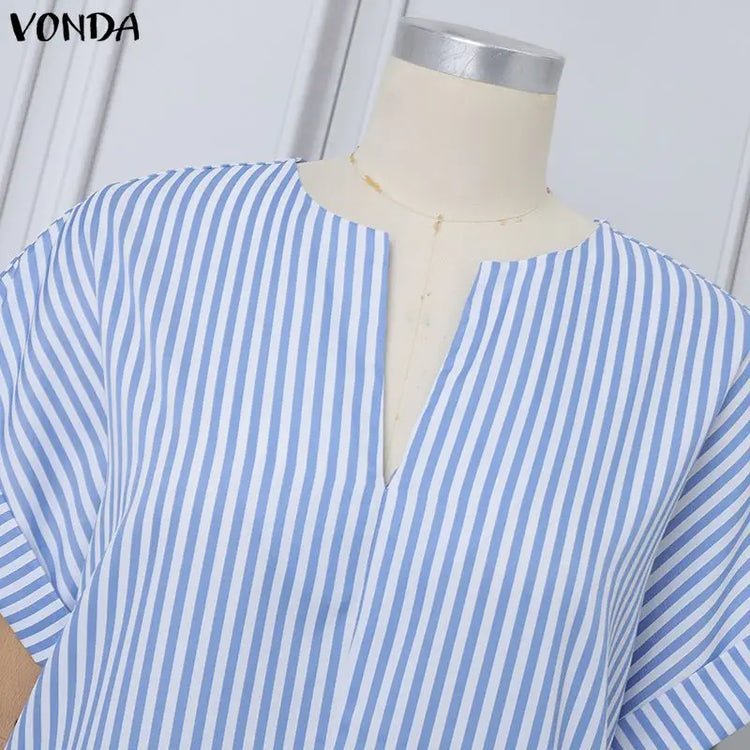 Plus Size VONDA Women Jumpsuits Summer Fashion Short Sleeve Stripe Jumpsuits Wide Leg Pants V Neck OL Party Overalls Playsuits