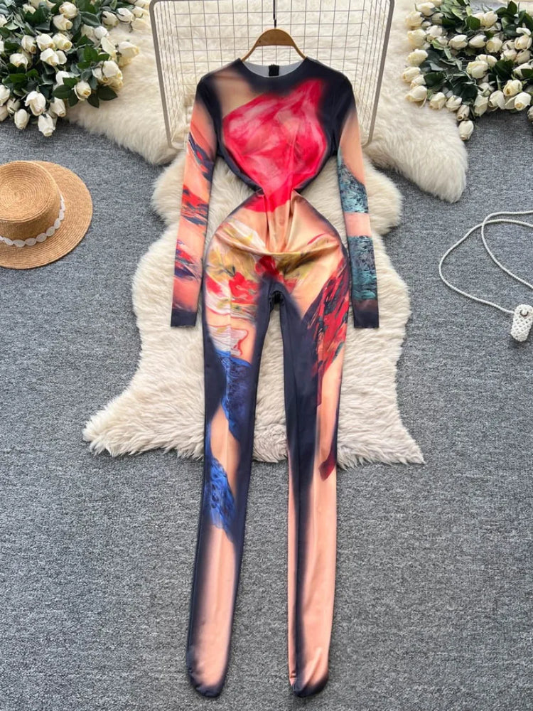 Foamlina 2025 Autumn New Fashion Print Bodysuit European Women's Sexy Hot Girl Slim Fit Flattering Long Sleeve Tight Jumpsuit