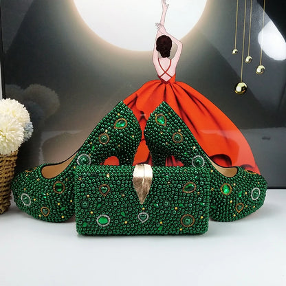 Fashion New Arrival Green Pearl Bridal Shoes and Bag Set Woman Party Dress Shoes Big Size Ankle Strap Buckle Shoes High Pumps