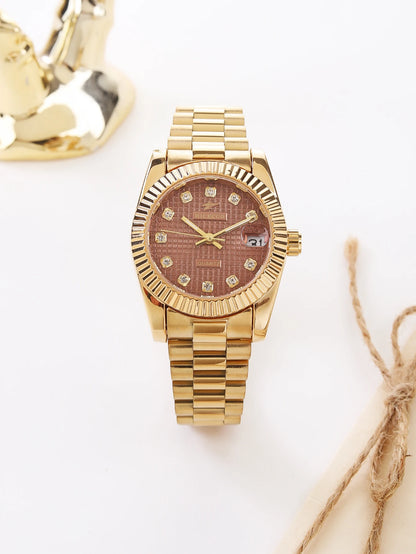 Business Diamond Inlaid Quartz Watch with Calendar Display, Metal Strap, Three-Dimensional Texture Dial, Wear-Resistant Design