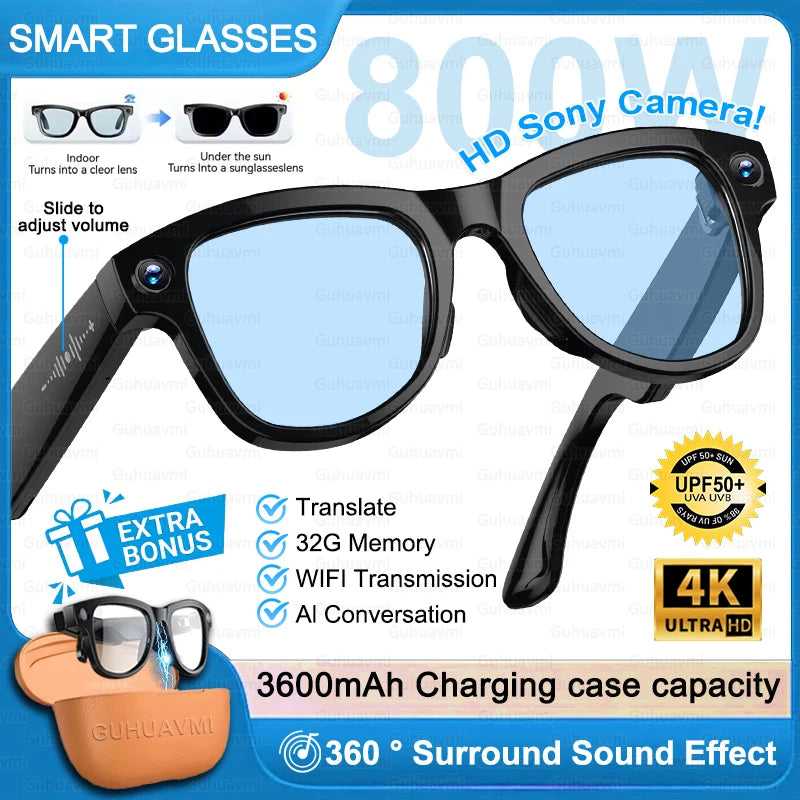 Smart Glasses M02 Ultra 2026 AI ChatGPT 1080P HD Camera 3600mAh Power Bank Charging Case 32GB Music Video Translation Sunglasses