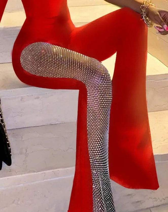 Jumpsuit Women Spring Fashion Rhinestone Fishnet Patch Sexy Plain Asymmetrical Neck Long Sleeve Skinny Daily Flared Leg Jumpsuit