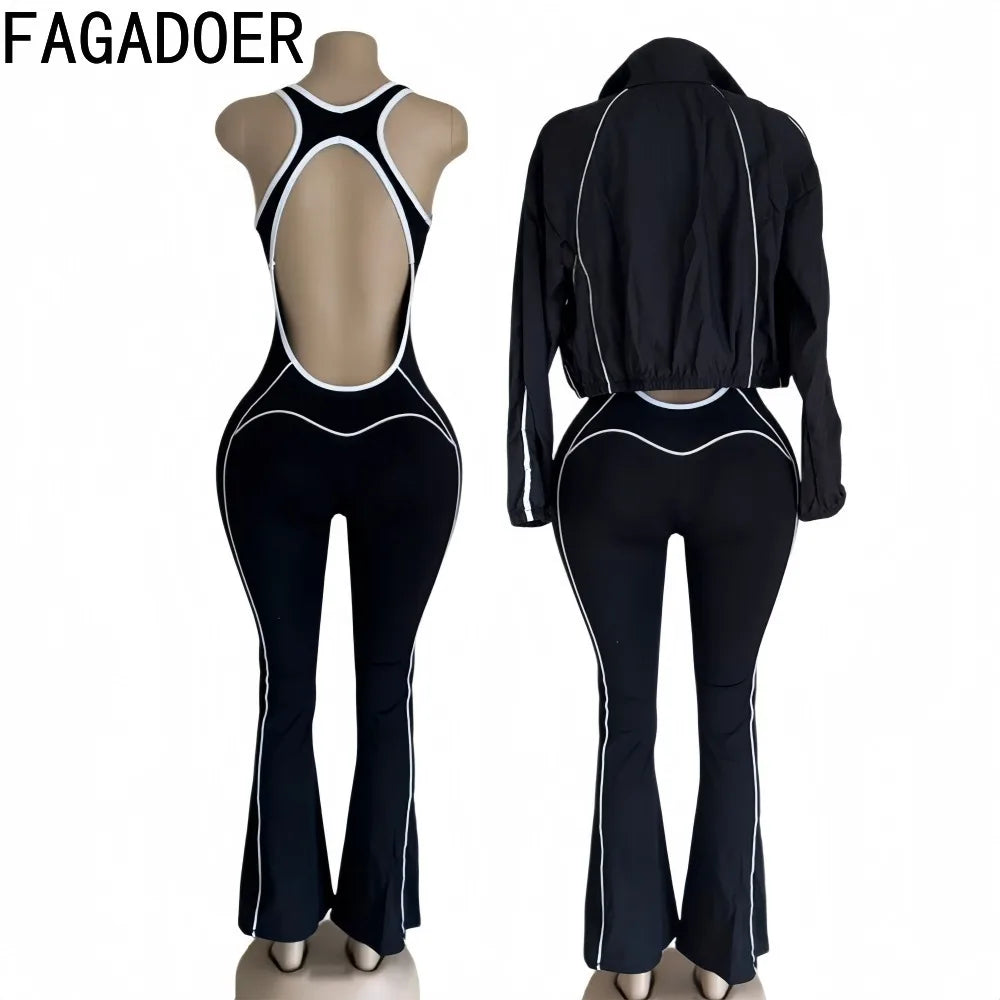 FAGADOER Trendy Women's Clothes Crop Jacket and Backless Jumpsuits 2 Piece Set Casual Workout Joggers Two Piece Outfits Woman