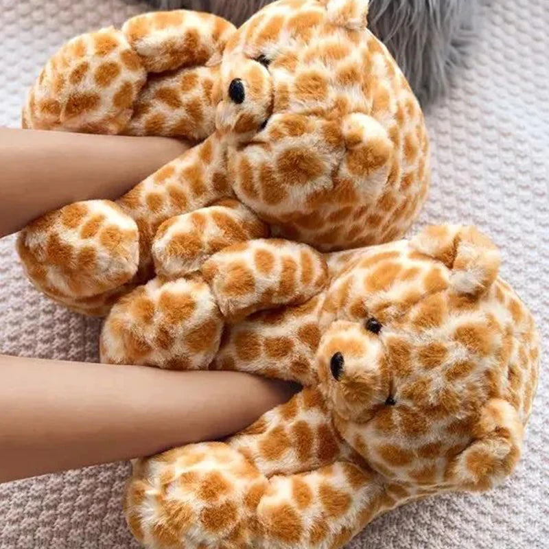 Cute Teddy Bear Plush Winter Slippers, Wrapped Heel Funny Indoor Floor Shoes, Women Gift, Warm Soft Cartoon Fluffy Animal Slippe