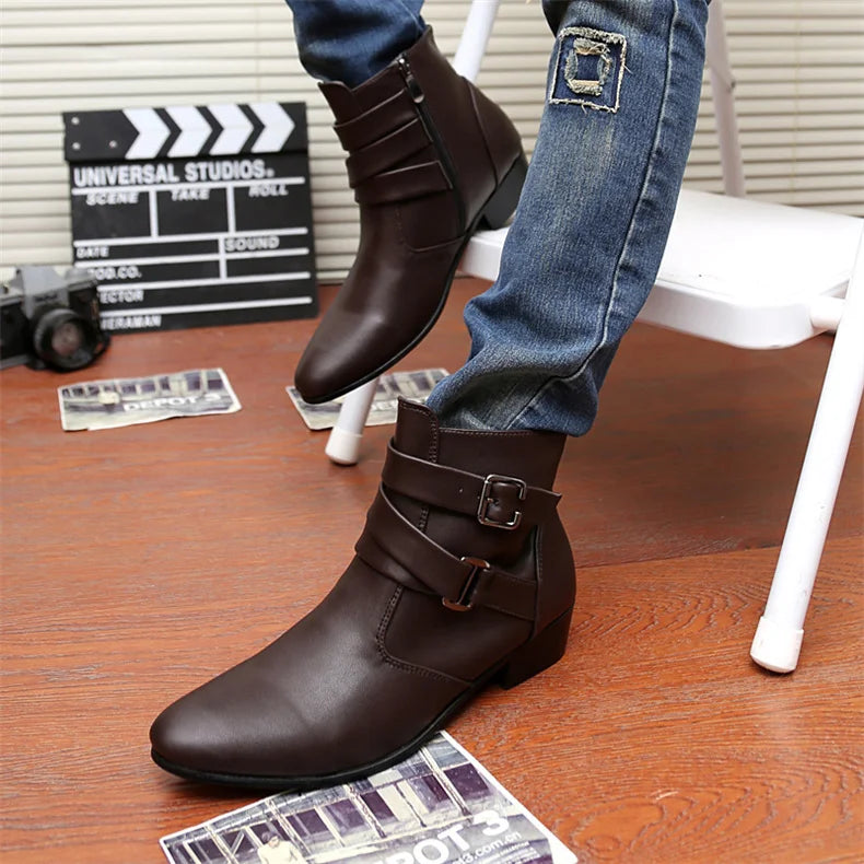 Leather Chelsea Boots Men Designer 2024 White Dress Boots Men Casual High top Buckle Strap Formal Shoes Men Motorcycle Boots