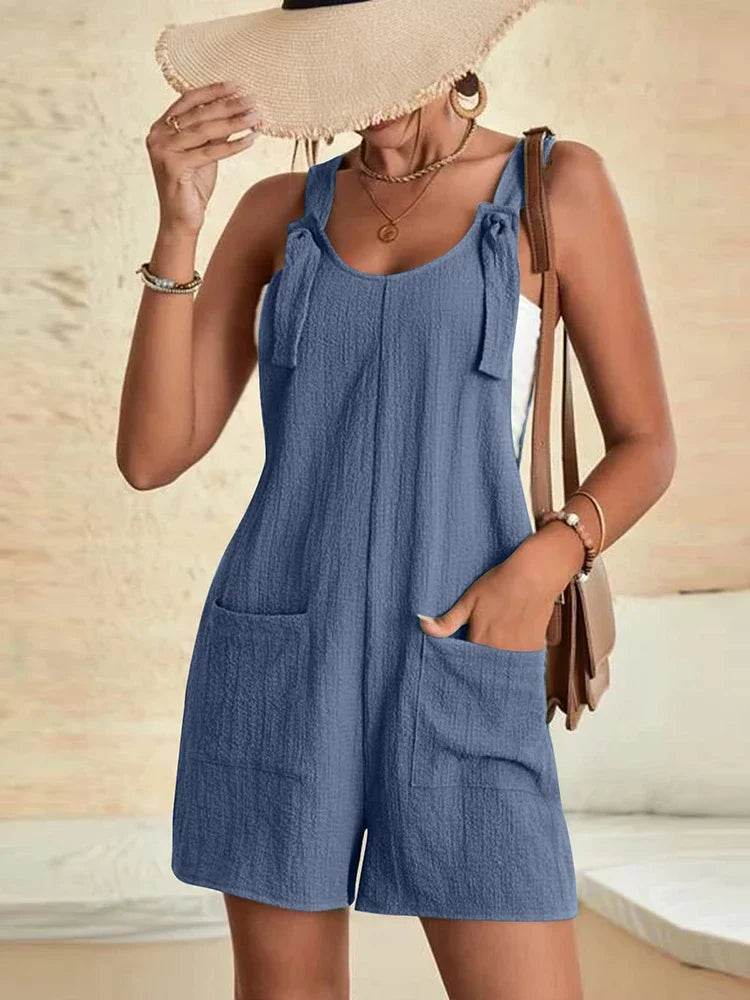 Women Summer Casual Pockets Short Rompers Elegant Solid Sleeveless Tie Knot Strap Jumpsuits Vintage Harajuku Loose Overalls