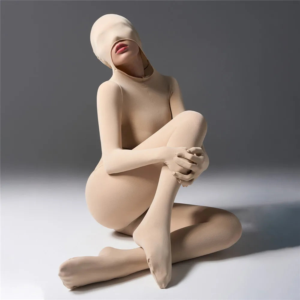 Sexy Women 120D Tights Hooded Mask Elastic Bodysuit Sheer See Through Rompers Glove Jumpsuits Cosplay Maid Leotard