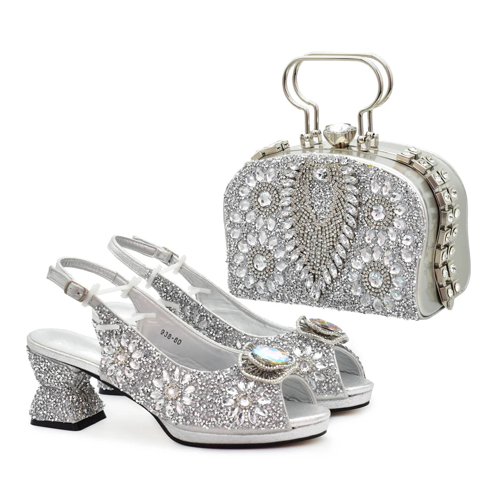 Popularity Peep Toe Heels for Women 2025 Elegant Party Full Diamond Pumps Italian Shoes and Bags Matching Set Bridal Shoes