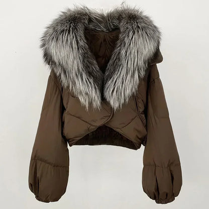 Winter Female White Duck Down Jacket Luxury Loose Short Fashion Casual Women Warm Real Fox Fur Coat Long Sleeve Puffer Jacket
