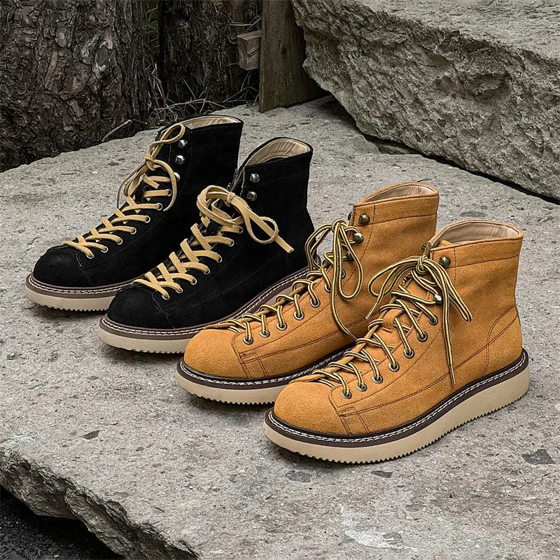 New High Quality Handmad Men Luxury Real Cow Suede Leather Shoes Tooling Ankle Boots Desert Platform Boots Work Motorcycle Boots