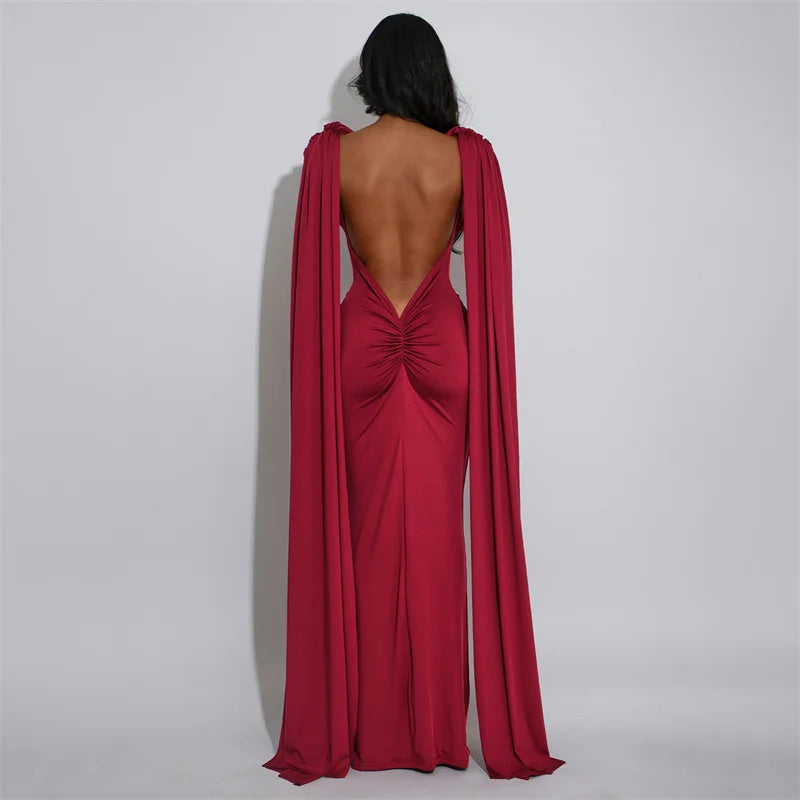 Doyerl Solid Backless Evening Dresses for Women Elegant Celebrity Night Club Fly Sleeve Ruched Party Prom Bodycon Maxi Dress