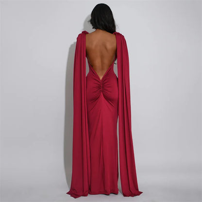 Doyerl Solid Backless Evening Dresses for Women Elegant Celebrity Night Club Fly Sleeve Ruched Party Prom Bodycon Maxi Dress
