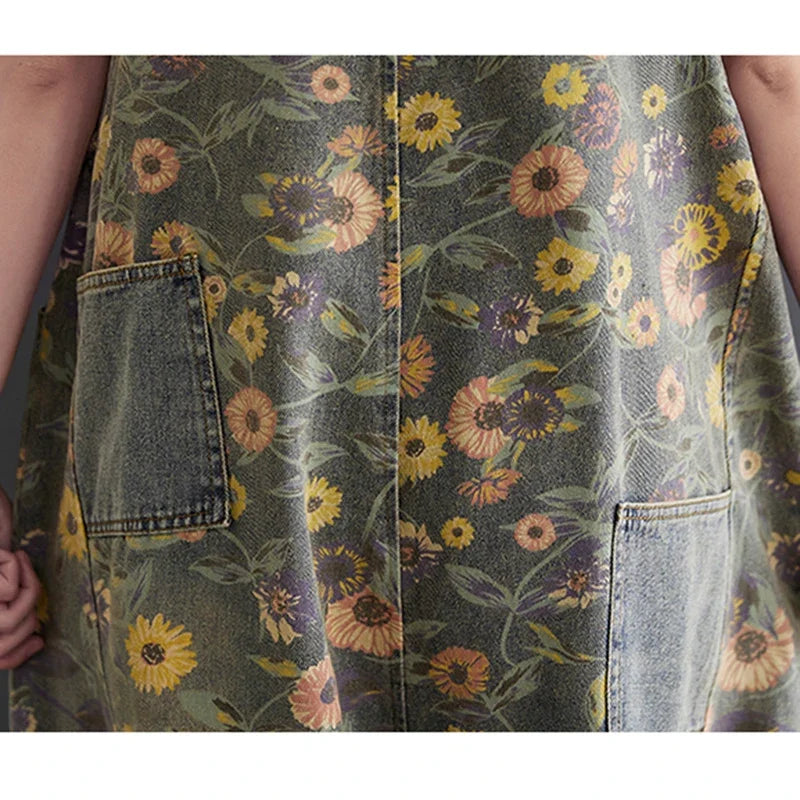 Casual Print Floral Plus Size Denim Jumpsuits Women Loose Wide Leg Straps Baggy Pants Woman Dungarees Streetwear Jeans Overalls