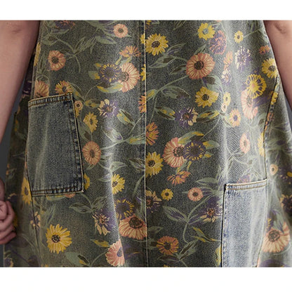 Casual Print Floral Plus Size Denim Jumpsuits Women Loose Wide Leg Straps Baggy Pants Woman Dungarees Streetwear Jeans Overalls