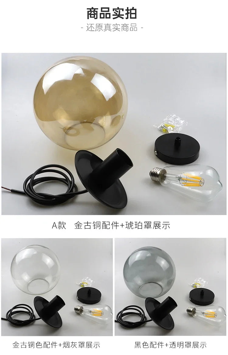 Modern Simple Glass Chandelier Bar Counter Restaurant Gold Hanging Lights Silver Metal Amber Ashtray Ball Glass Suspension Lamp