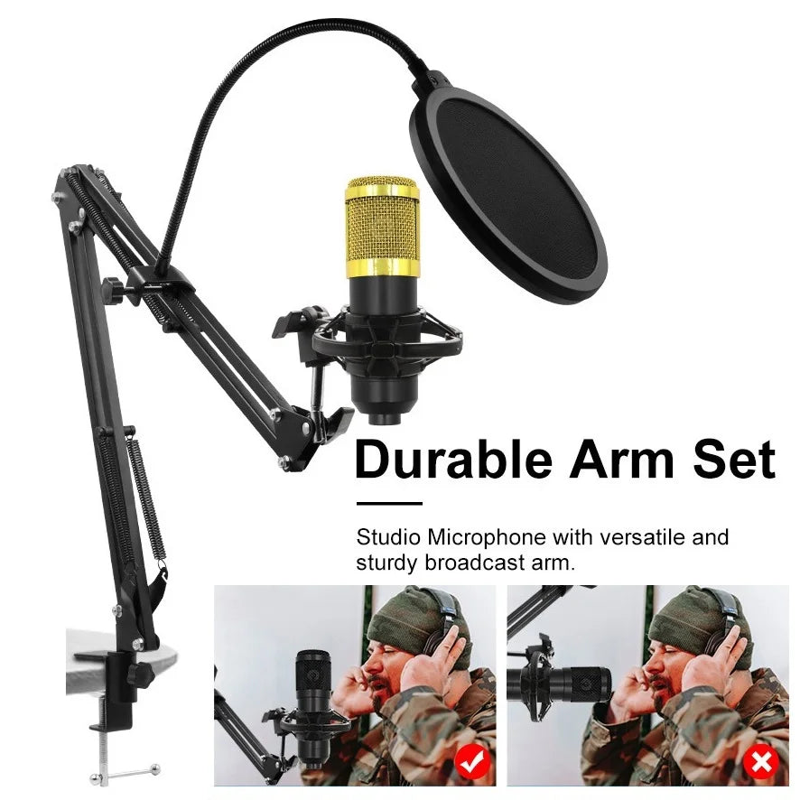 BM800 Condenser Alloy Microphone Kit Professional Sound Card Arm Bracket Set V8 Studio Mixer Live Soundcard Singing Record Mic