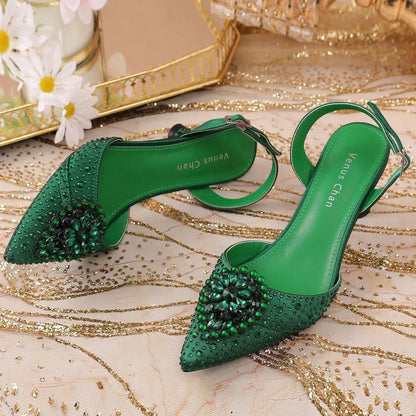 2025 Women's Green High Heels - Italy-Inspired Rhinestone Pointed-Toe Design for Gorgeous Parties | Plus Size Available