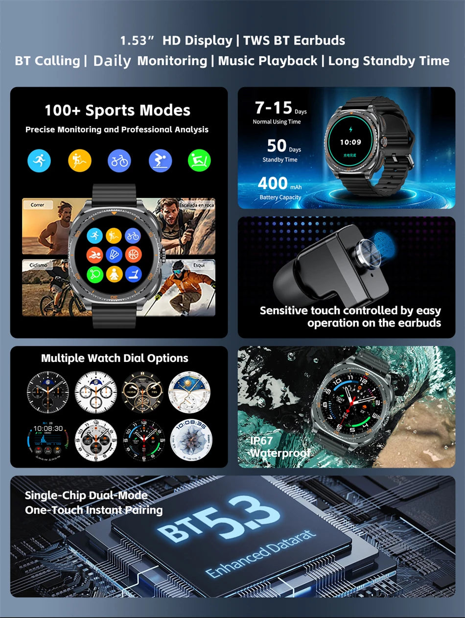 New 2026 TWS 2-in-1 Wireless Headset Smart Watch 7 Ultra AMOLED HD Screen Smartwatch with Earbuds Bluetooth Call Sports Watches