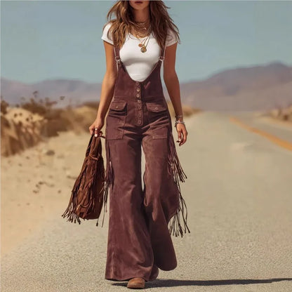 Western Vintage Solid Suede Tassel Female Jumpsuit Fashion Hollow Out Button Overalls 2026 Spring Strappy Bodysuit Woman Rompers