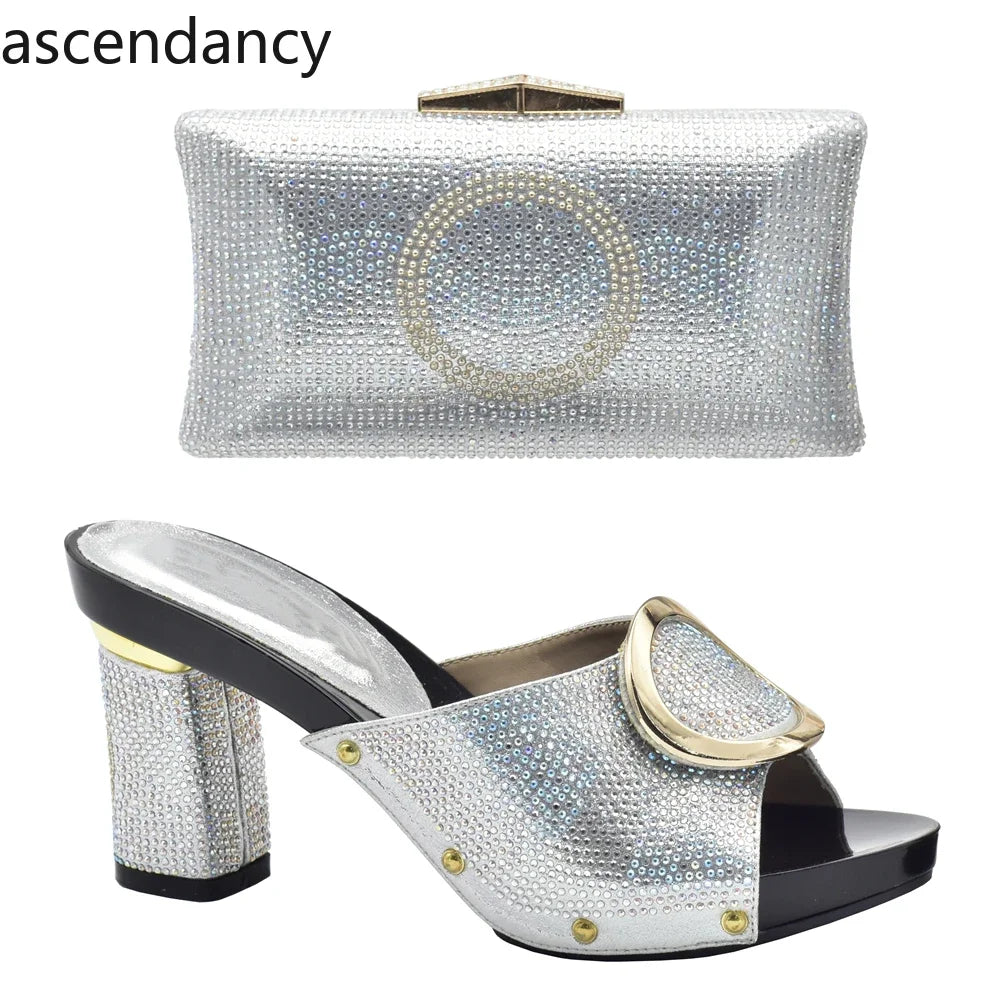 African Women Shoes and Bags Sets with Rhinestone Plus Size Heels 43 Nigerian Party Pumps Luxury Shoes Wedding Shoes Bride