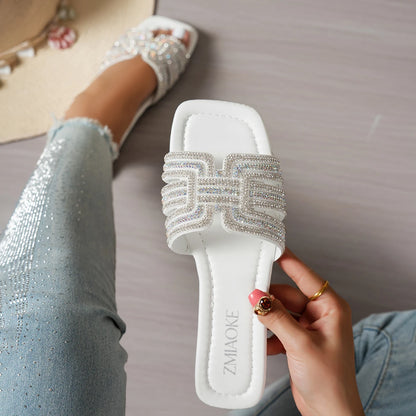 2026 Women Rhinestone Slippers Fashion Non-Slip Shoes Women Outdoor Slippers Designer Square Heel Flat Sandals Slides Women