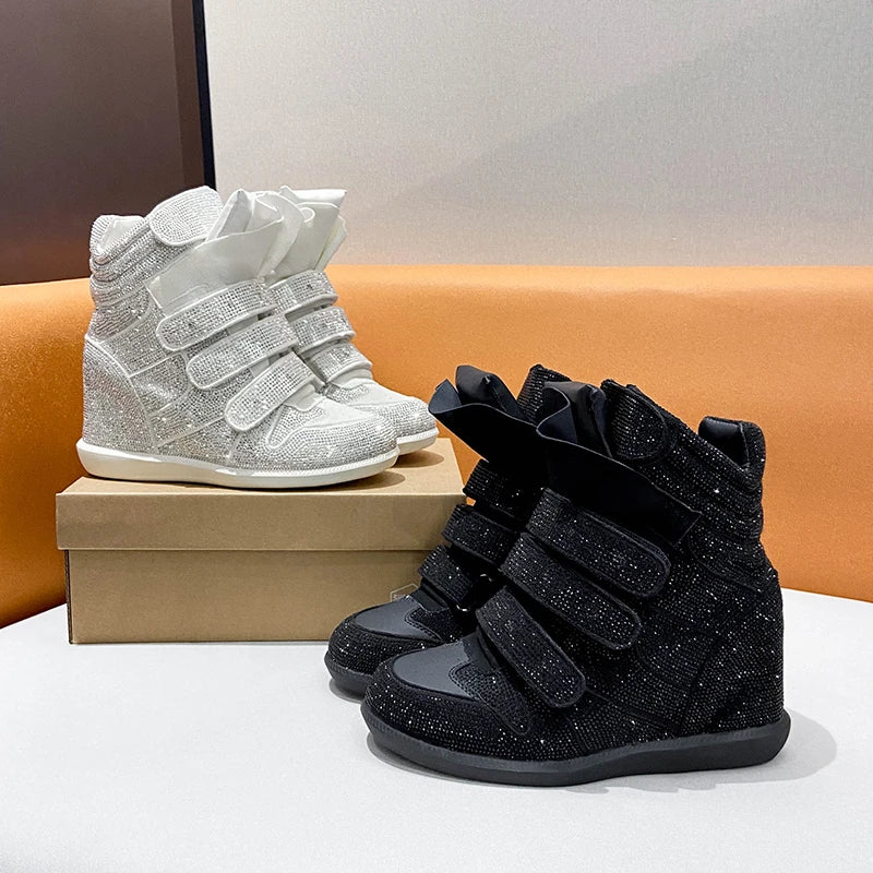 2026 Vintage Rivet Heightened Sneaker Wedge Velcro Casual Bright Diamond Booties