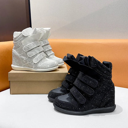 2026 Vintage Rivet Heightened Sneaker Wedge Velcro Casual Bright Diamond Booties