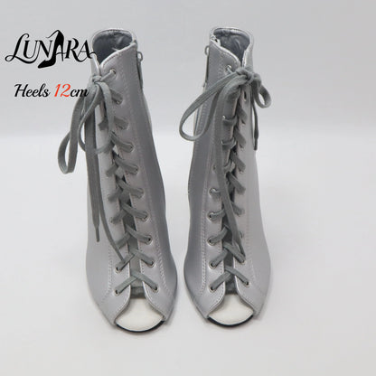 12cm/5Inch Plus size Beige PU Leather Lace-up Side zipper Peep toe High Stilettos Ankle boot Pole dancing Nightclub Rave Parties
