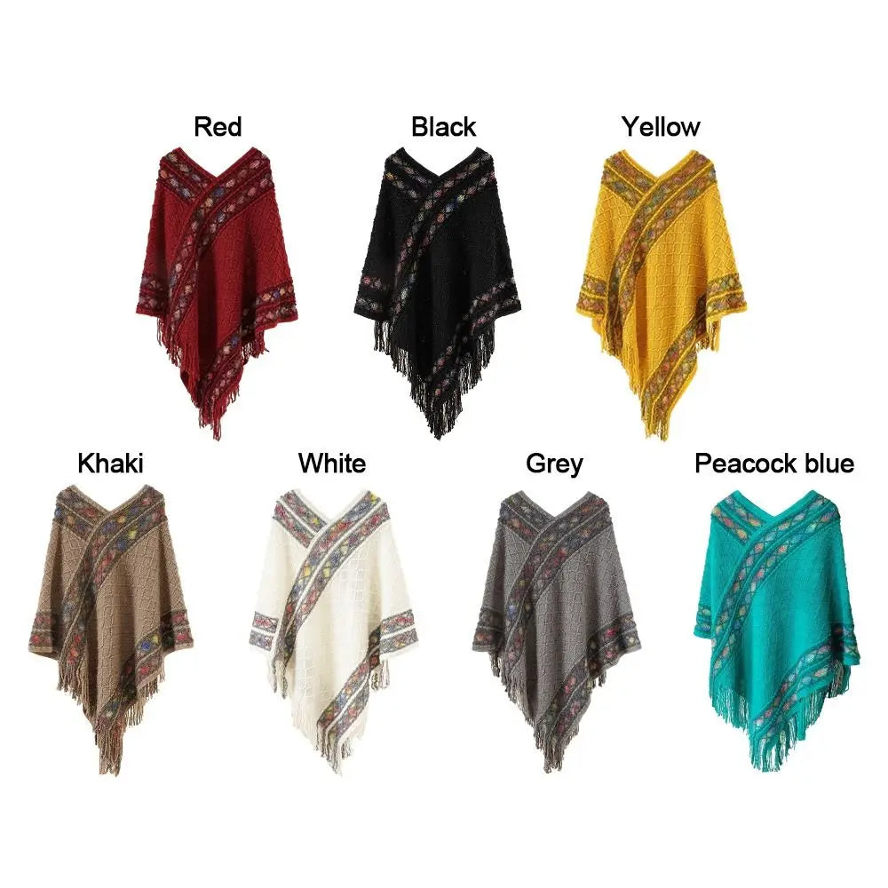 Plush Winter Warm Mongolian Poncho Ethnic Style Imitation Cashmere Rhombic Stripe Tassel Shawl Knitting Wraps Women Fashion