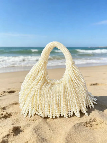Luxury Handmade Faux Pearl Beaded Evening Clutch, Vintage Fringe Detail Shoulder Bag, Elegant Party Wedding Handbag for Women