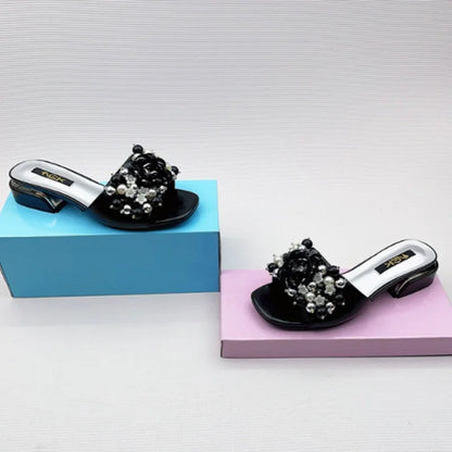 Women Purple Block Heels 3cm Slippers To Match Shoes And Bag Crystal Flowers High Heeled Slides For Summer Fashionable Shoes 43