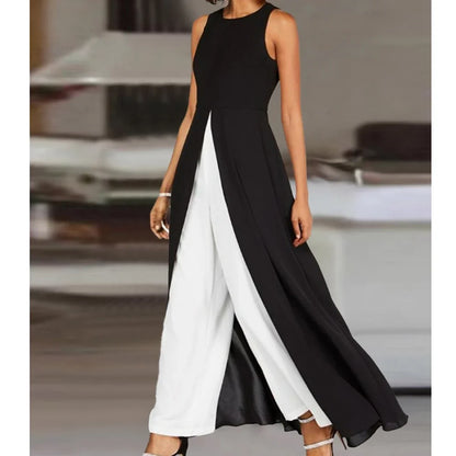 Jumpsuits Women Contrast Color High Waist Black Round Neck Sleeveless Jumpsuit O-neck Summer Wide Leg Pants Jumpsuits