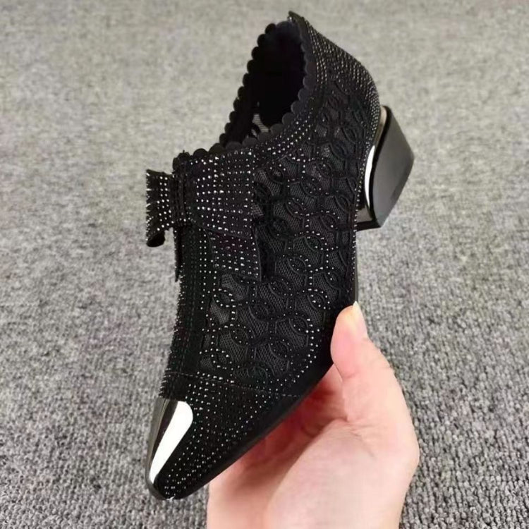Women's Pointed Toe Sandals Luxury Breathable Mesh Bowknot Rhinestone Clear Elegant Mid-Heeled Simple Pump Shoes Mesh Sandals