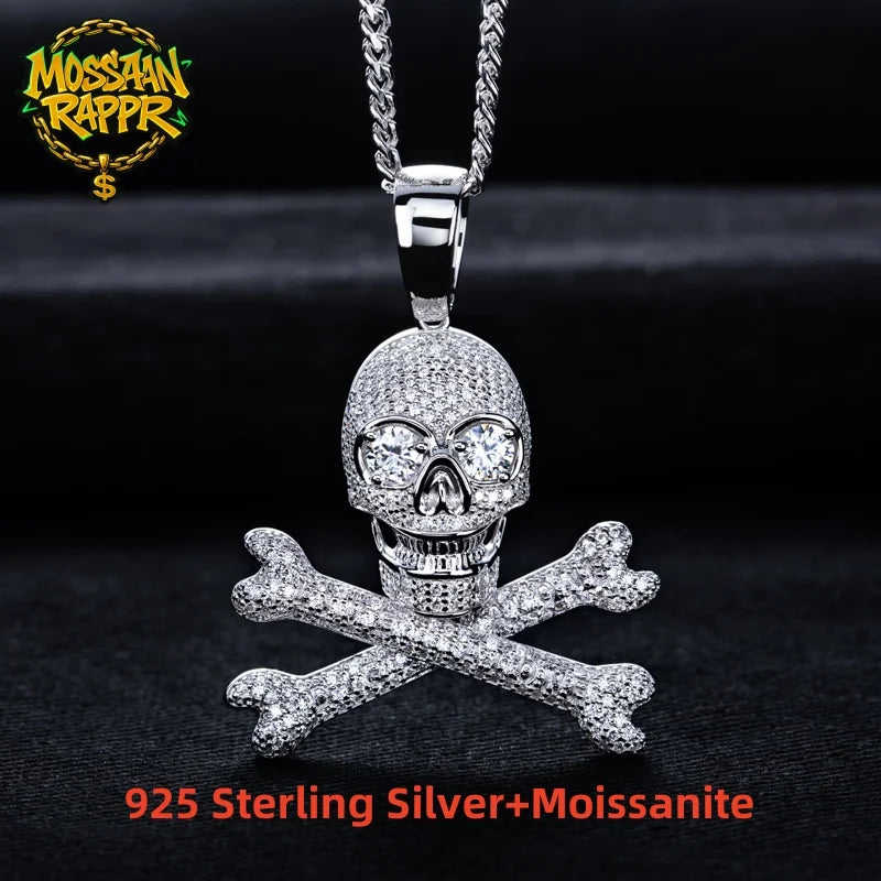 MossanRappr 3.35cttw Moissanite Skull Pendant Iced out Hip Hop Necklace 925 Sterling Silver D Color Fashion Jewelry Gift for Men