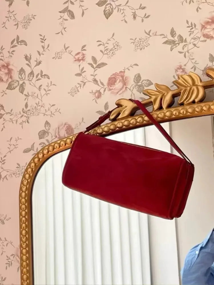 2025 New Luxury 90s Pen Holder Bag Genuine Soft Cowhide & Suede Mini Crossbody Bag Hand-Carry Vintage Shoulder Purse for Women