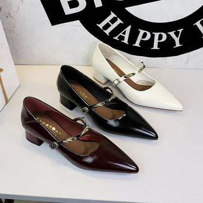 Women Korean Vintage Soft Split Cow Leather Pointed Pumps Simple Single Metal Buckle Strap Mid Chunky Heel Comfort Office Daily