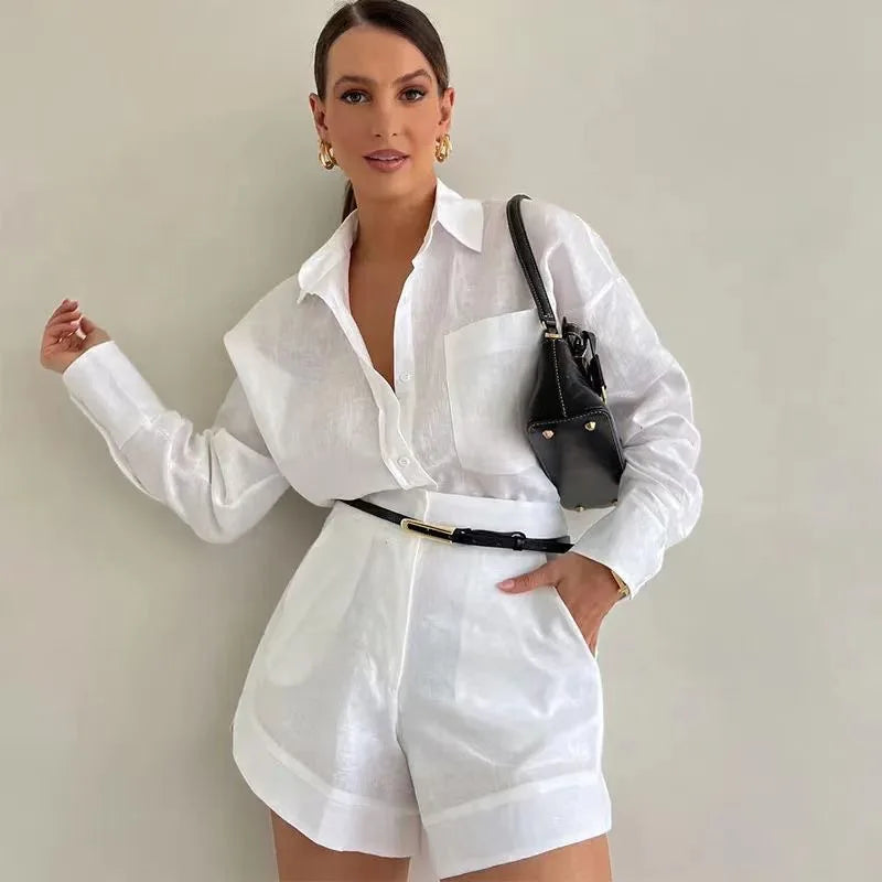 Women's Long Sleeve 2-Piece Set Casual Button Detail Shorts Outfit with Shirt Top Summer Fashion Female Suit