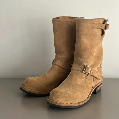 Handmade Work Boots Men and Women Engineer Mid-Calf Retro Motorcycle Boot Faded Mid-Calf Boot Khaki Black Suede Knight Boots